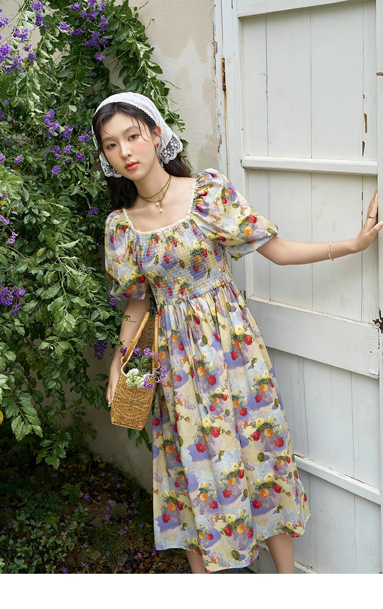 Mishow Floral Smocked Puff Sleeve Beach Dress MXD24L1905