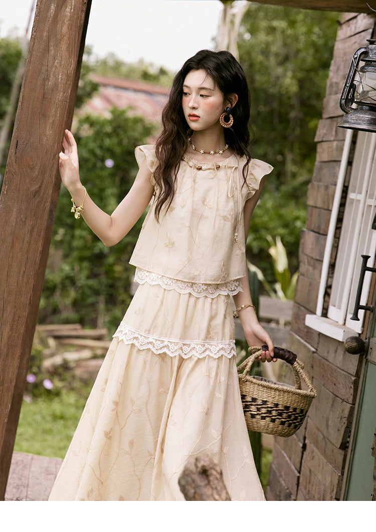 Mishow Short Flying Sleeve Top & Hollow Embroidery A-Line Skirt Set MXE33T0545
