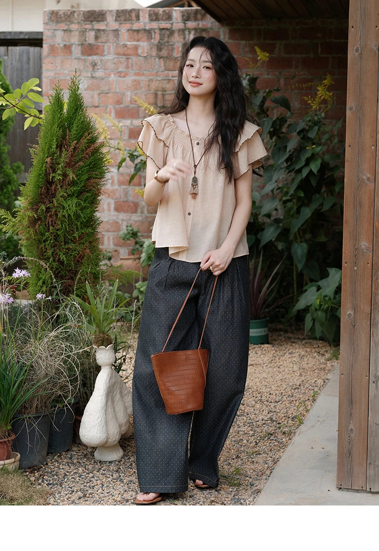 MISHOW Butterfly Sleeve Blouse Square Neck Button Loose MXE37X1854
