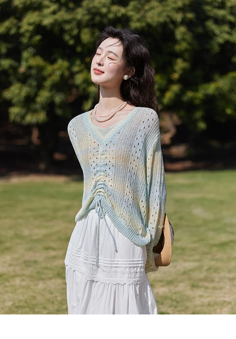Mishow Gradient Blue Green V-Neck Drawstring Sweater MXE16Z1171