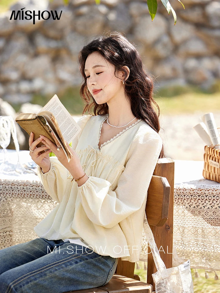 MISHOW Jacquard Lace V-Neck Blouse Ruffled Wavy Puff Sleeve MXE12C0397