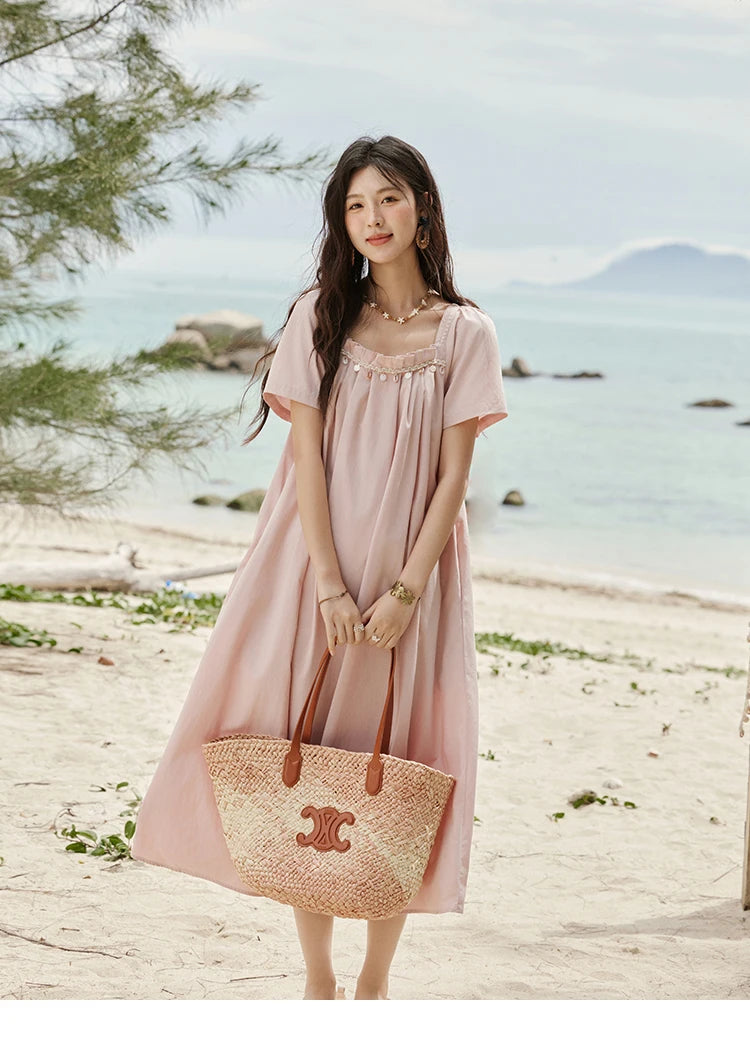 Mishow Bohemian Pink Square Collar Belt Dress MXE33L2158