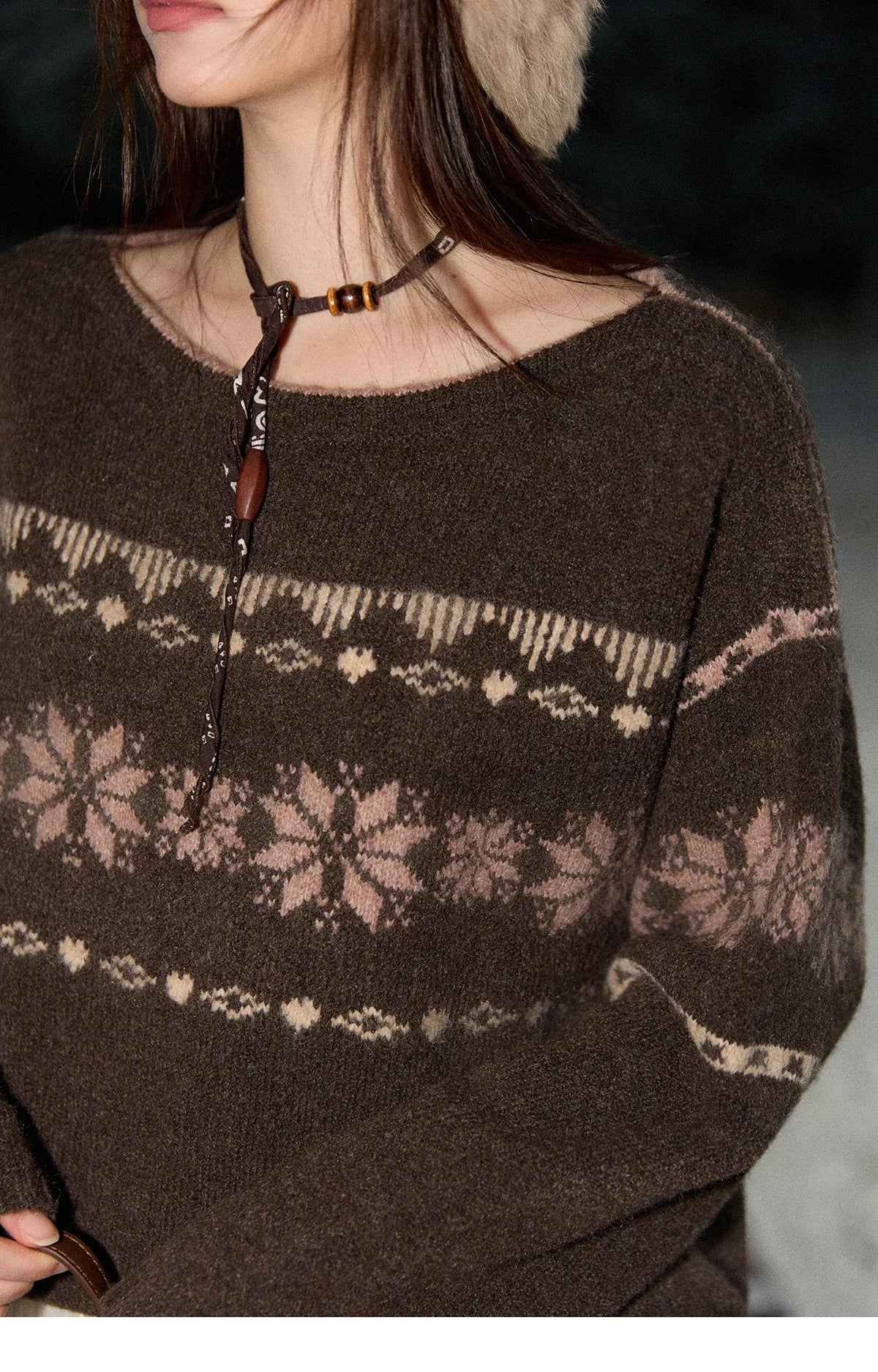 Mishow Brown Snowflake Jacquard Crew Neck Pullover MXE86Z2655