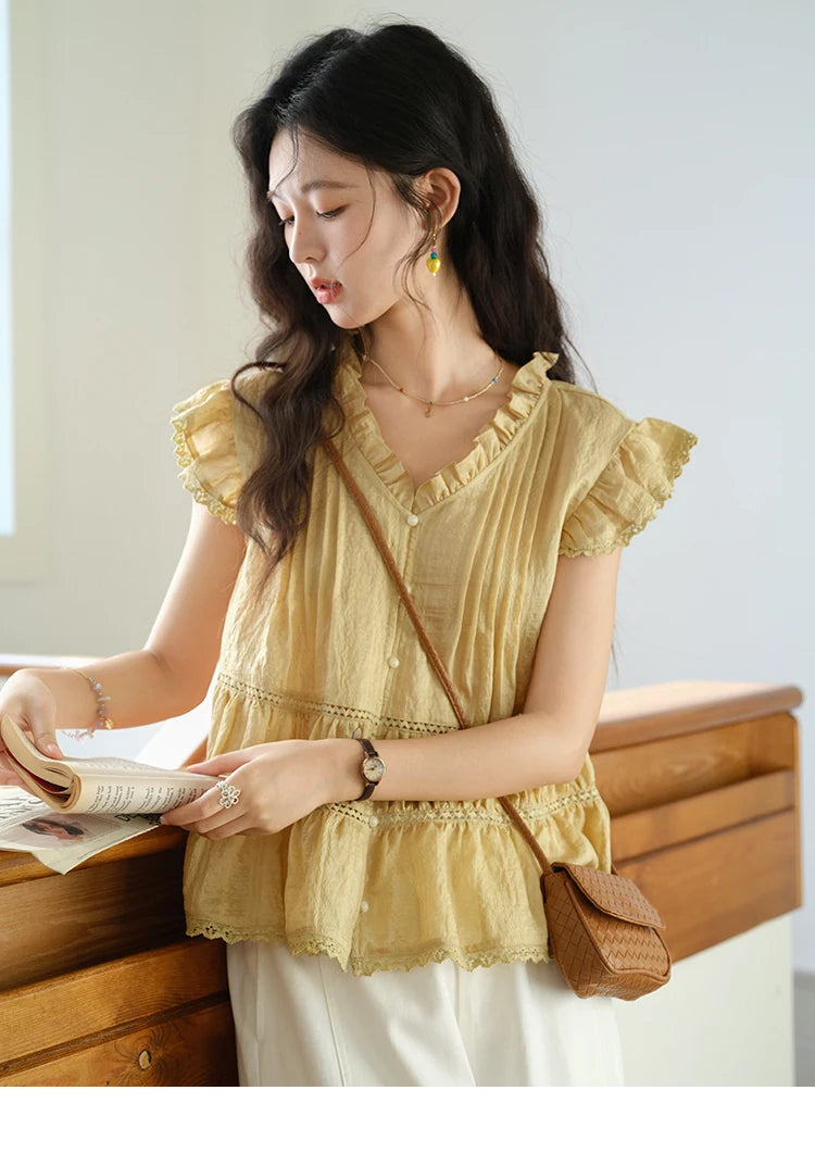 MISHOW Wood Ear V-Neck Shirt Flying Sleeve Wrinkle Spliced MXE37X1908