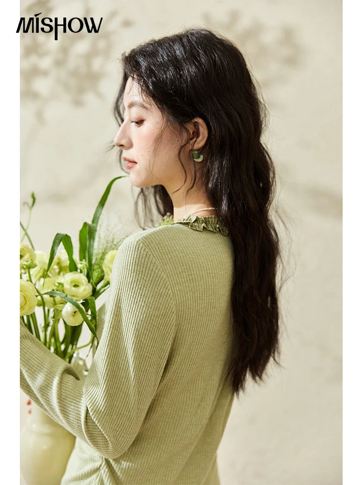 Mishow Green Plaid Lotus Leaf Sleeve Tee MXE14Z1152