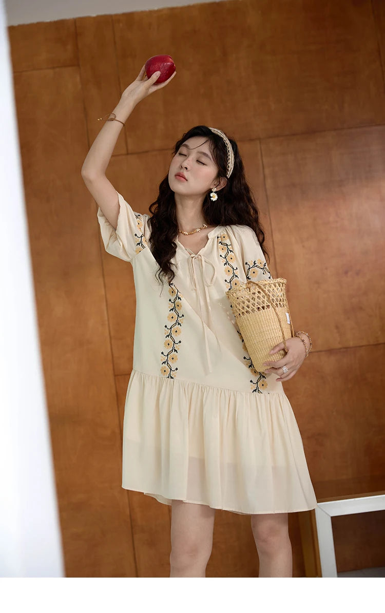 Mishow Korean Sunflower Embroidery Lace-Up Doll Dress MXD30L1959