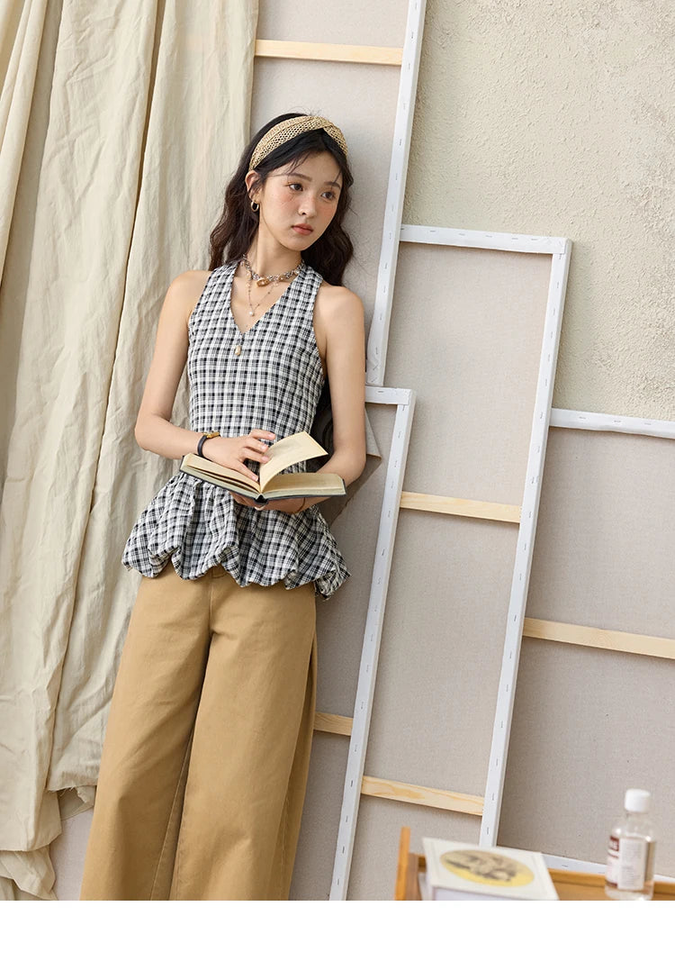 MISHOW Cotton Khaki Lace Patchwork Wide Leg Pants High Waist MXE34K0925