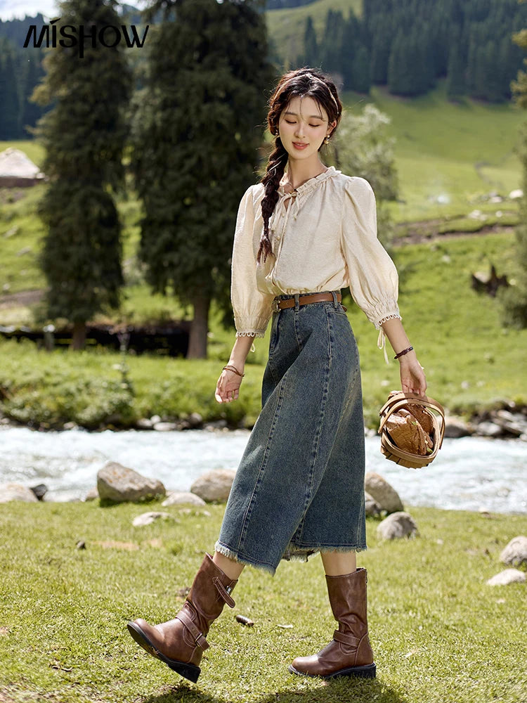 MISHOW Washed Hem Fringed Denim Midi Skirt A-Line Retro MXD41B0453