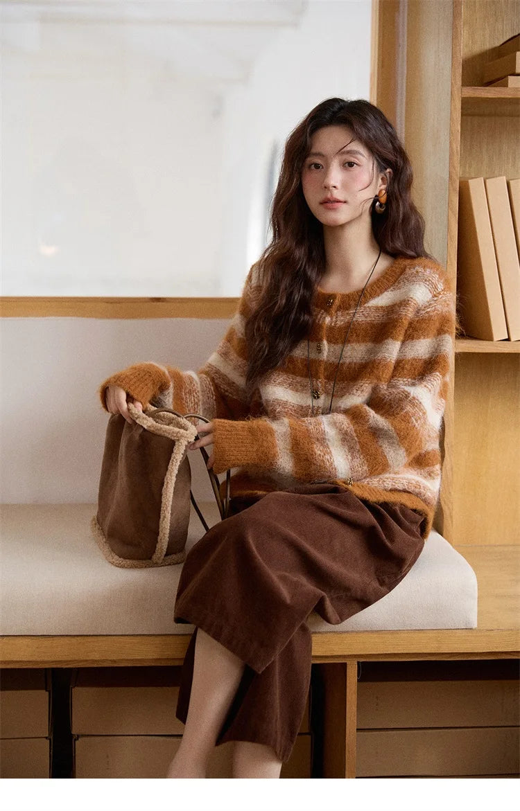 Mishow Retro Striped Round Neck Wool Cardigan MXE87Z2723