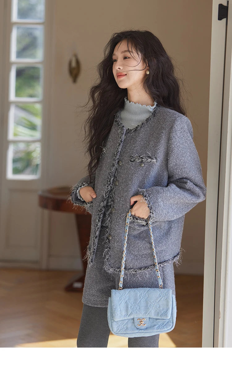 Mishow Plaid Tweed Jacket & Solid Shorts Set MXD35W0489