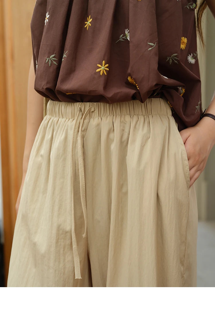 Mishow Embroidery Hanging Neck Sleeveless Top & Khaki Wide Leg Pants Set MXE39T0713