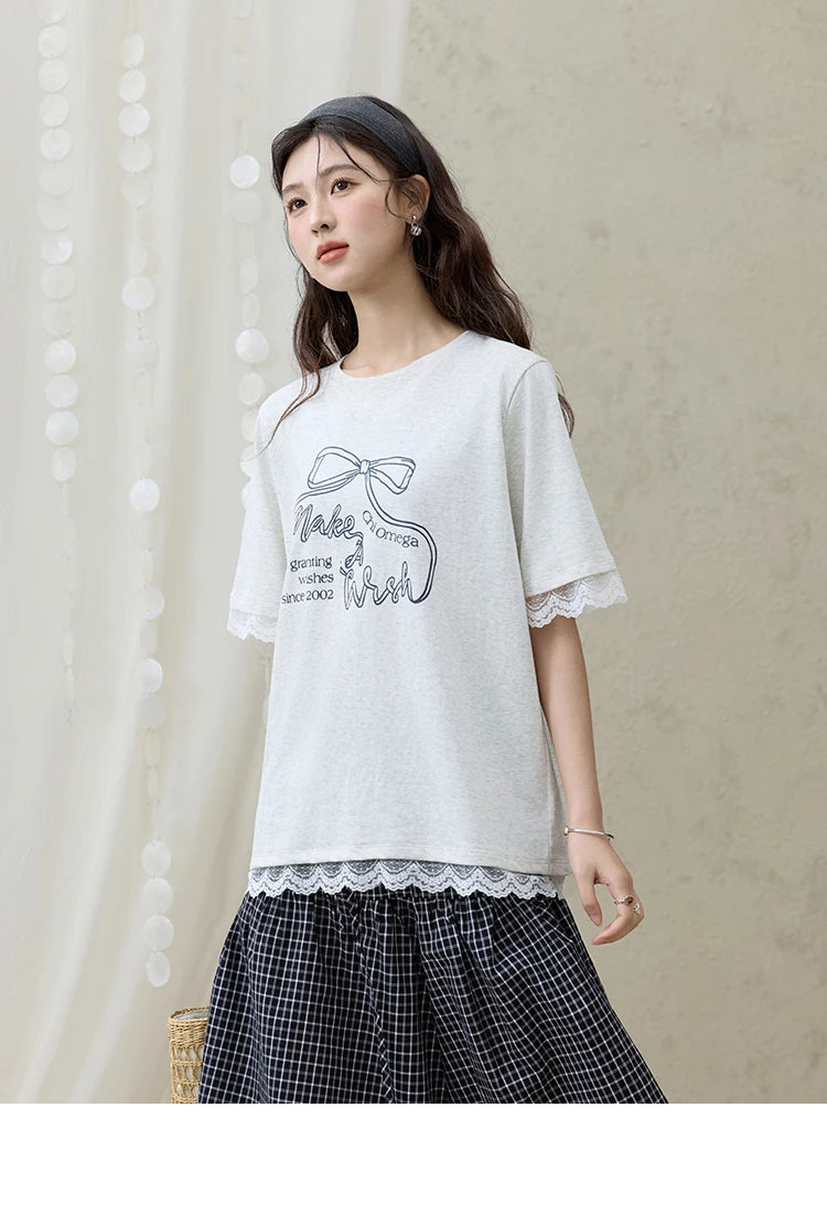 Mishow Print Lace Bow Detail Tee MXE32T0554