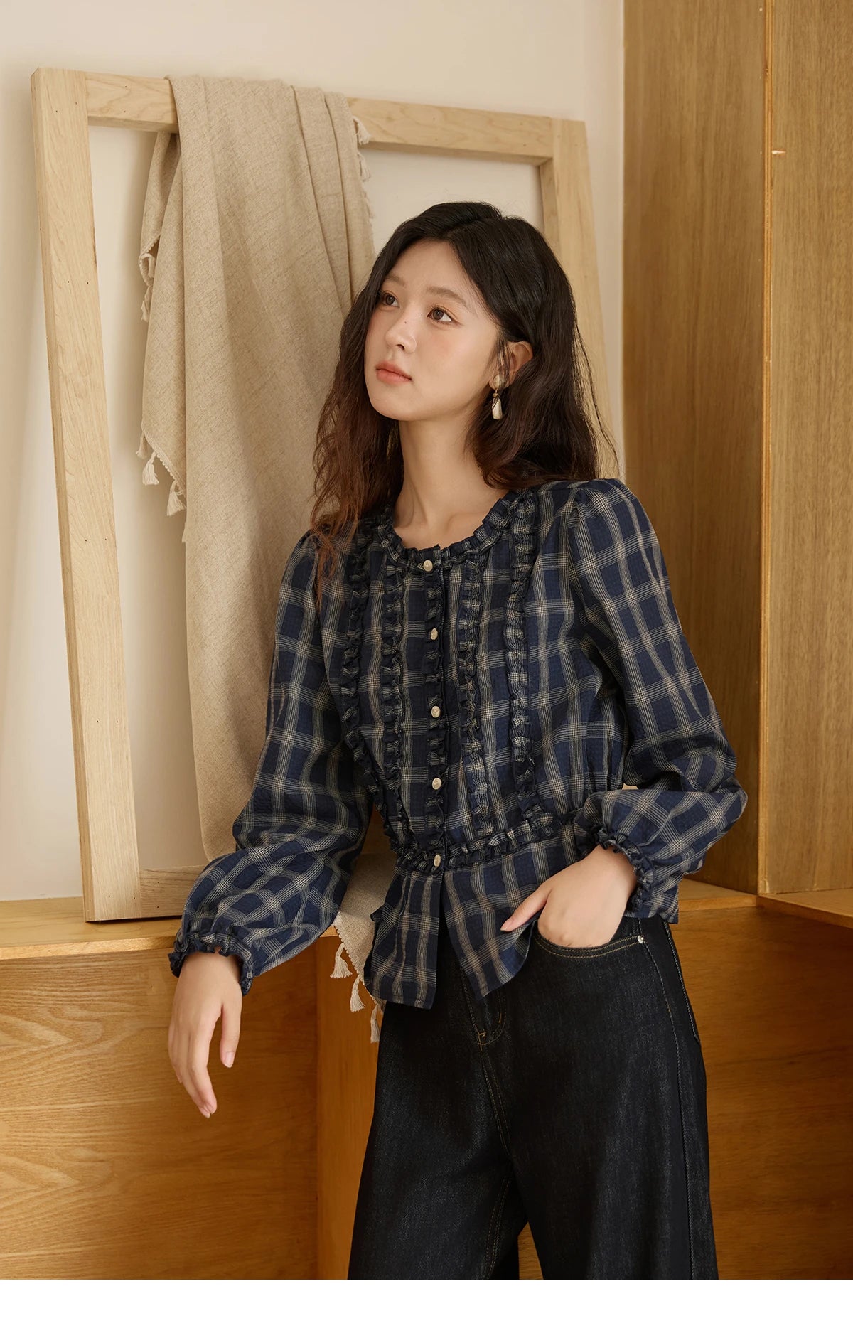 MISHOW Vintage Blue Plaid Shirt Round Neck Loose MXE45X2480