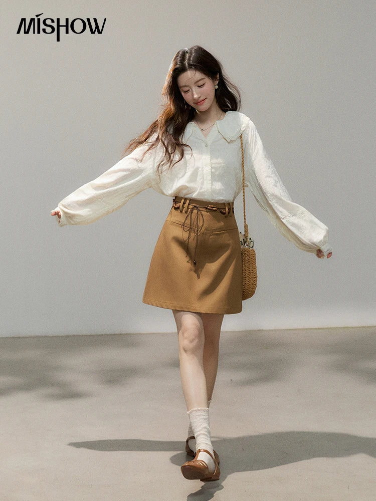 MISHOW Beige Lace Shirt Peter Pan Collar Micro Lantern Sleeve MXF108C0813