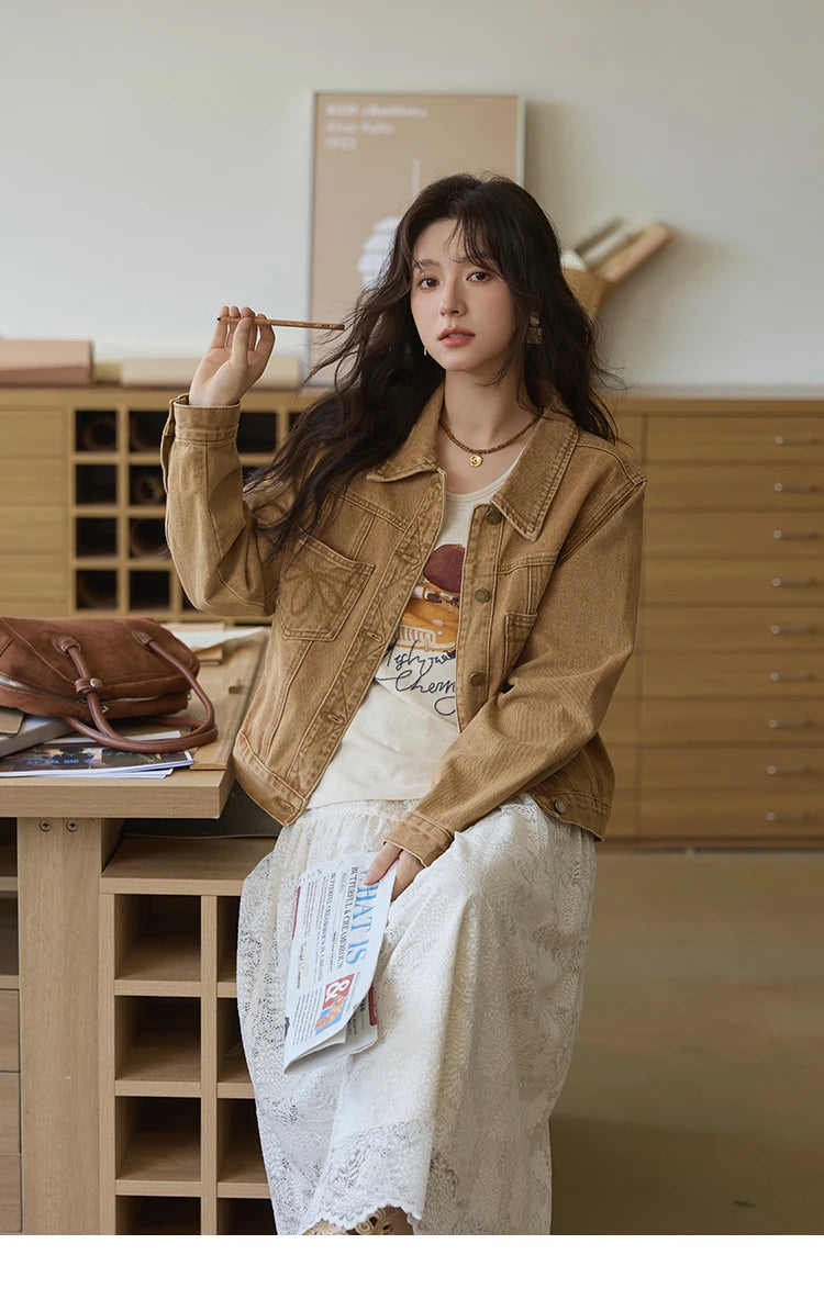 MISHOW Light Brown Denim Jacket Embroidered Pockets Dropped Sleeve MXE41W0795