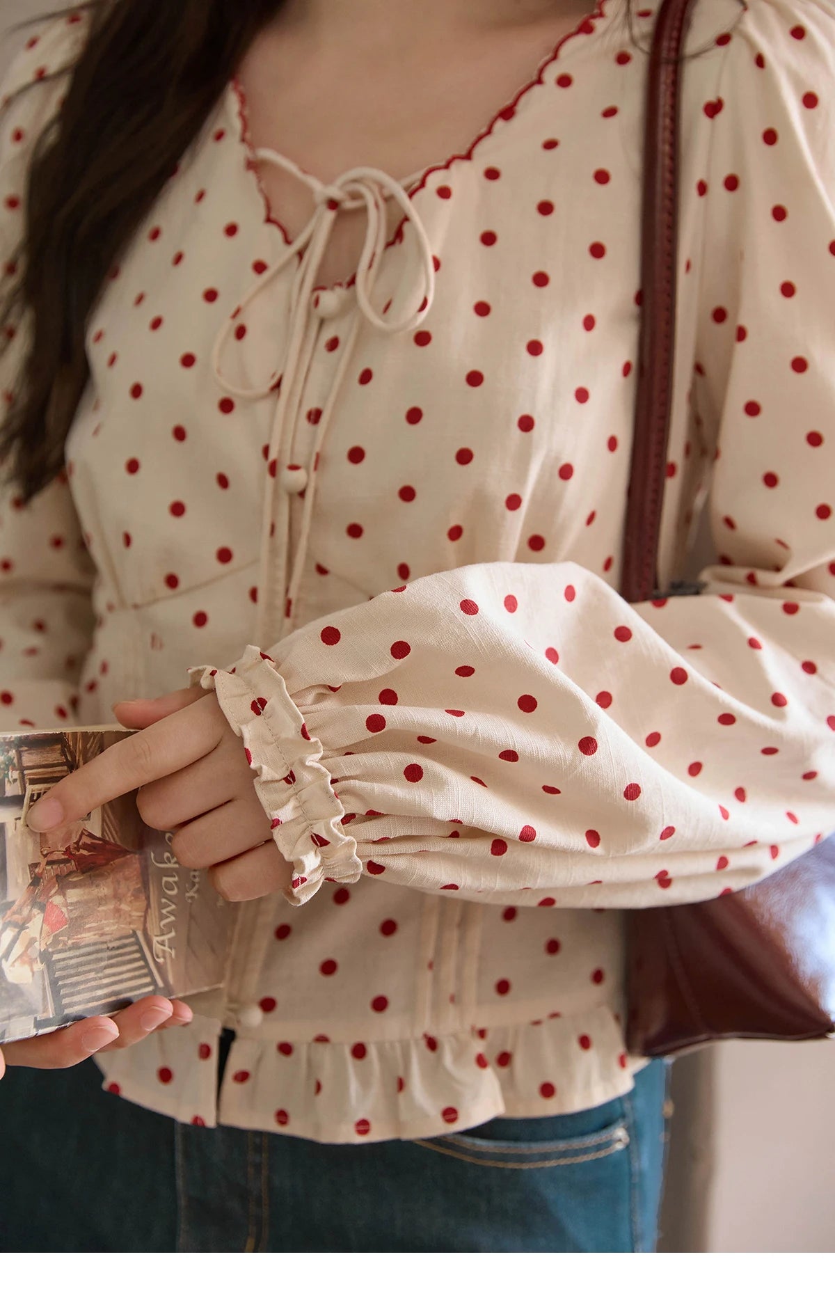 MISHOW Apricot Red Polka Dot Shirt V-Neck Lace Up Ruffled MXE42X1971