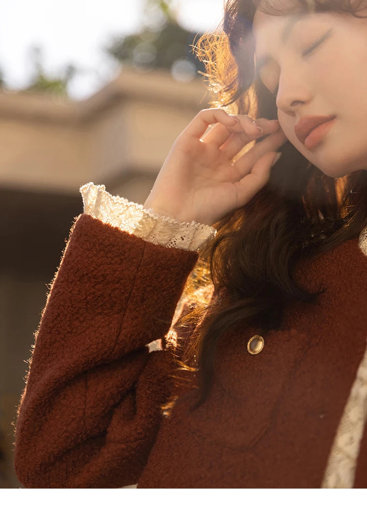 MISHOW Wool Coat Lace Splicing Lamb Wool Button Pockets MXB43W0720