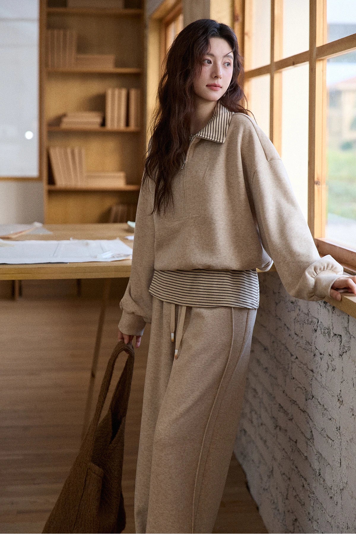 Mishow Retro Striped Lapel Half-Zip Sweatshirt & Wide Leg Pants Set MXE87T1425