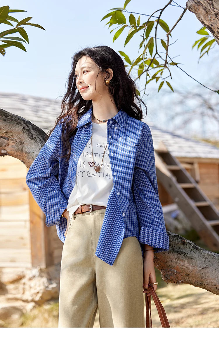 MISHOW Retro Blue Checkered Shirt Lapel Cotton Loose MXE11C0398