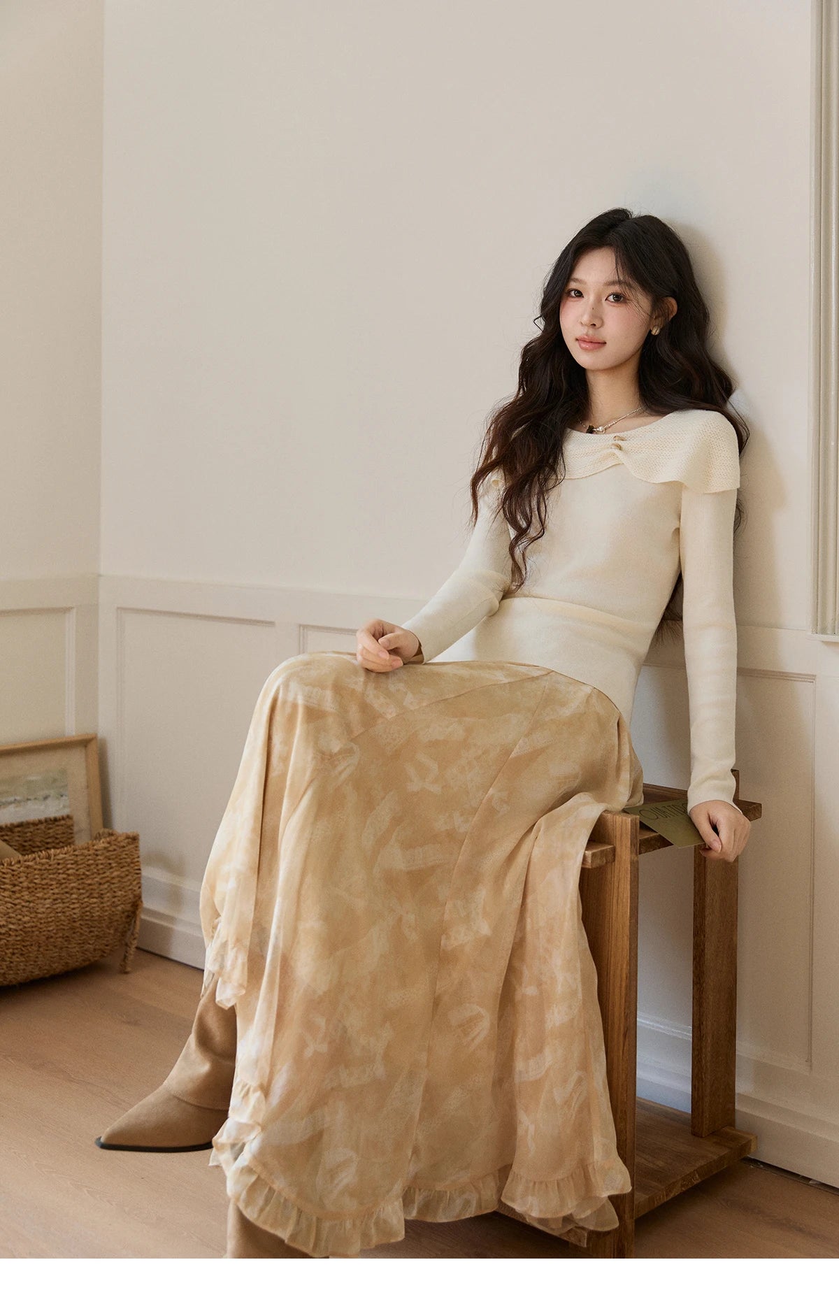 Mishow Beige Asymmetrical Collar Wool Sweater MXF11Z2918