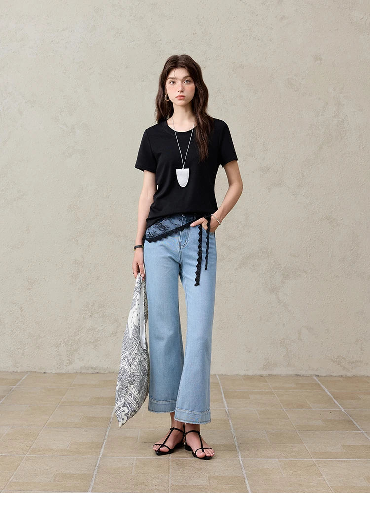 Mishow Solid Straight Shoulder Lace Trim Tee MXE31T0532