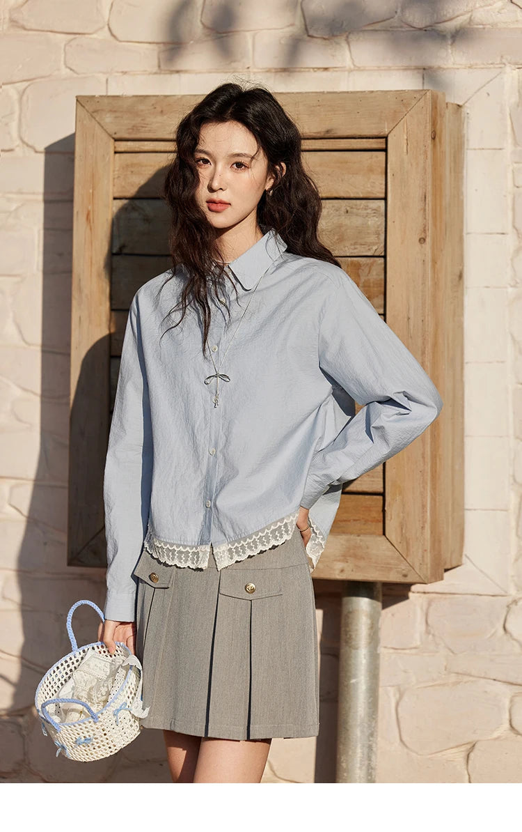 MISHOW Cotton Blue Shirt Hem Lace Lapel Collar MXE12C0410