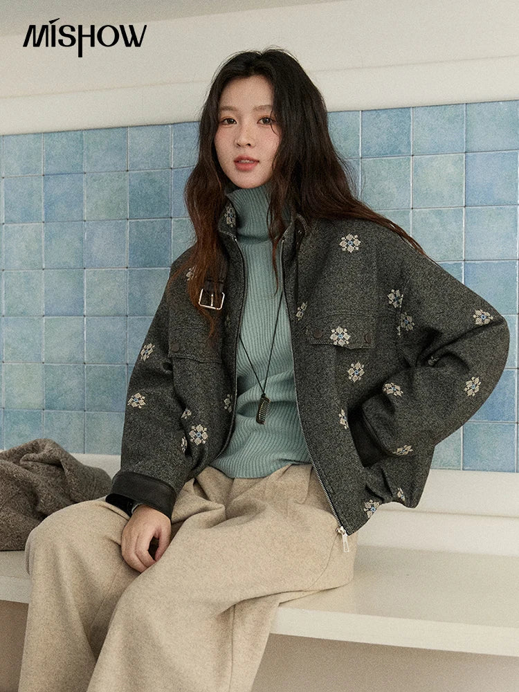 MISHOW Wool Blend Jacket Small Flower Embroidery Turtleneck Zipper MXE86W0906