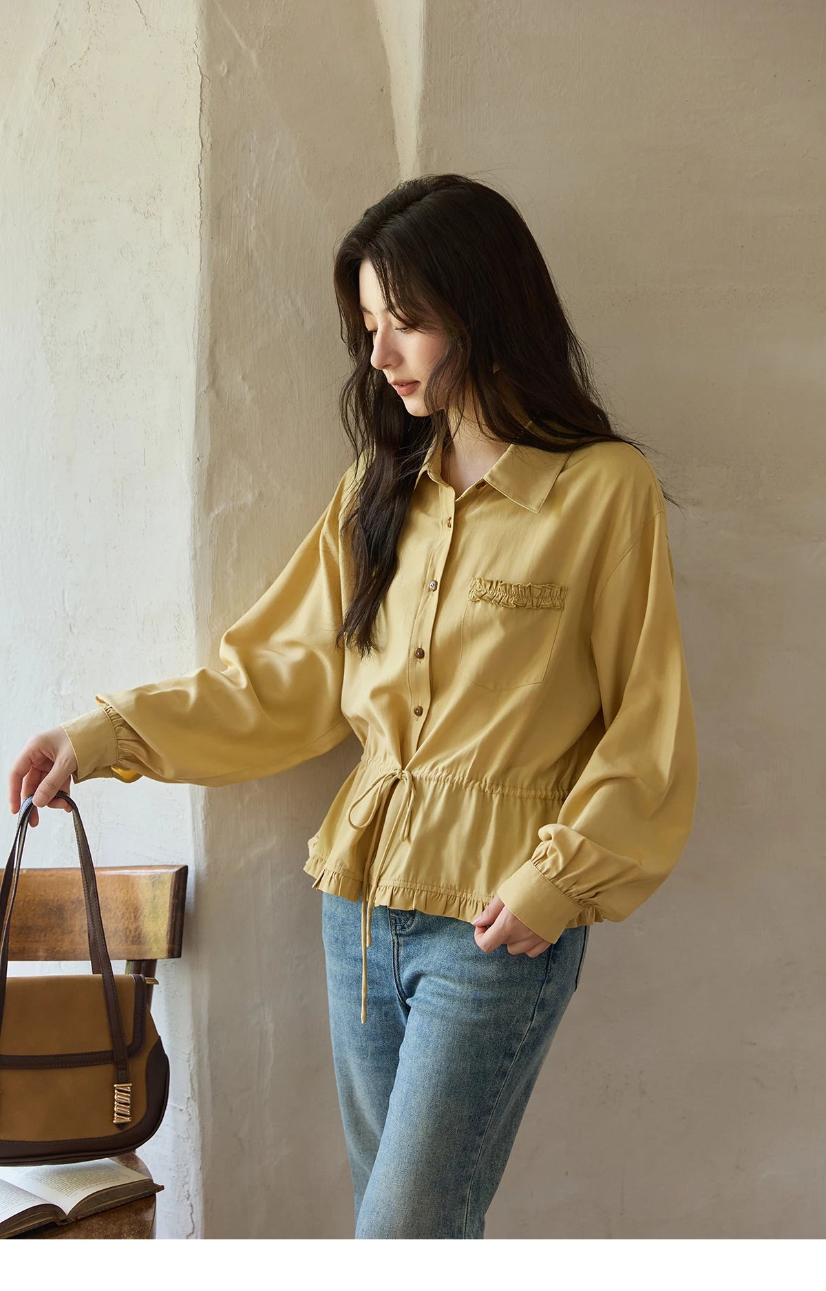 MISHOW Yellow Drawstring Waist Shirt Lapel Lantern Sleeve MXE42C2368