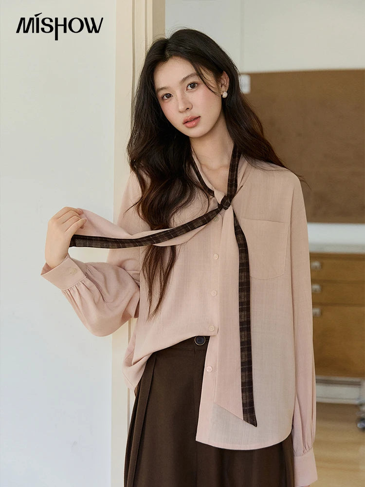 MISHOW Dusty Pink Shirt Plaid Tie Neck Lantern Sleeve MXF108C0817