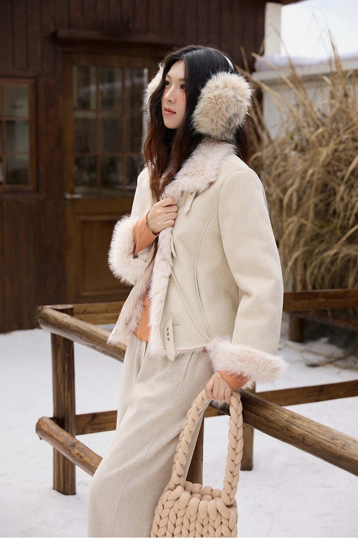 Mishow Faux Fur Lapel Short Coat with Plush Bag MXE91W1000