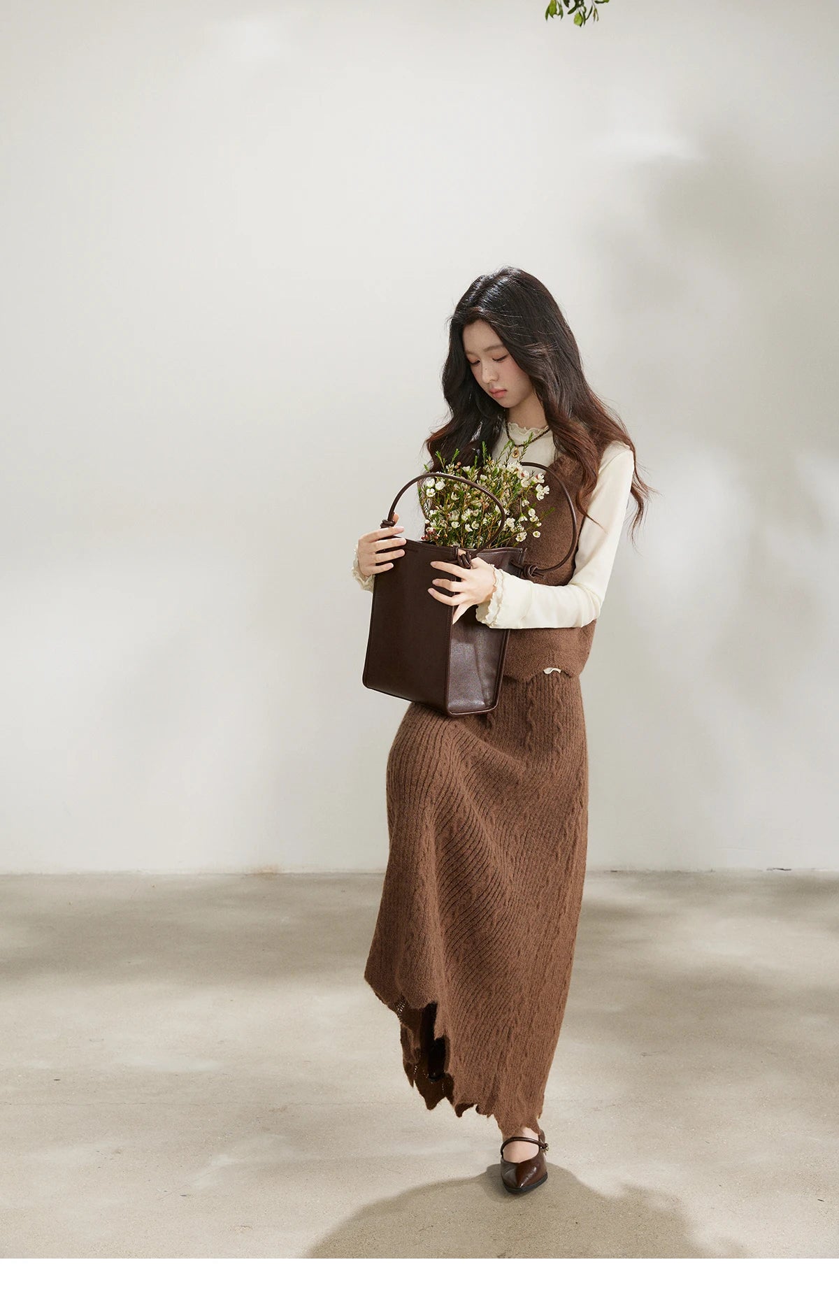 Mishow Brown Knitted Vest & Cable Knit Maxi Skirt Set MXF11T1460