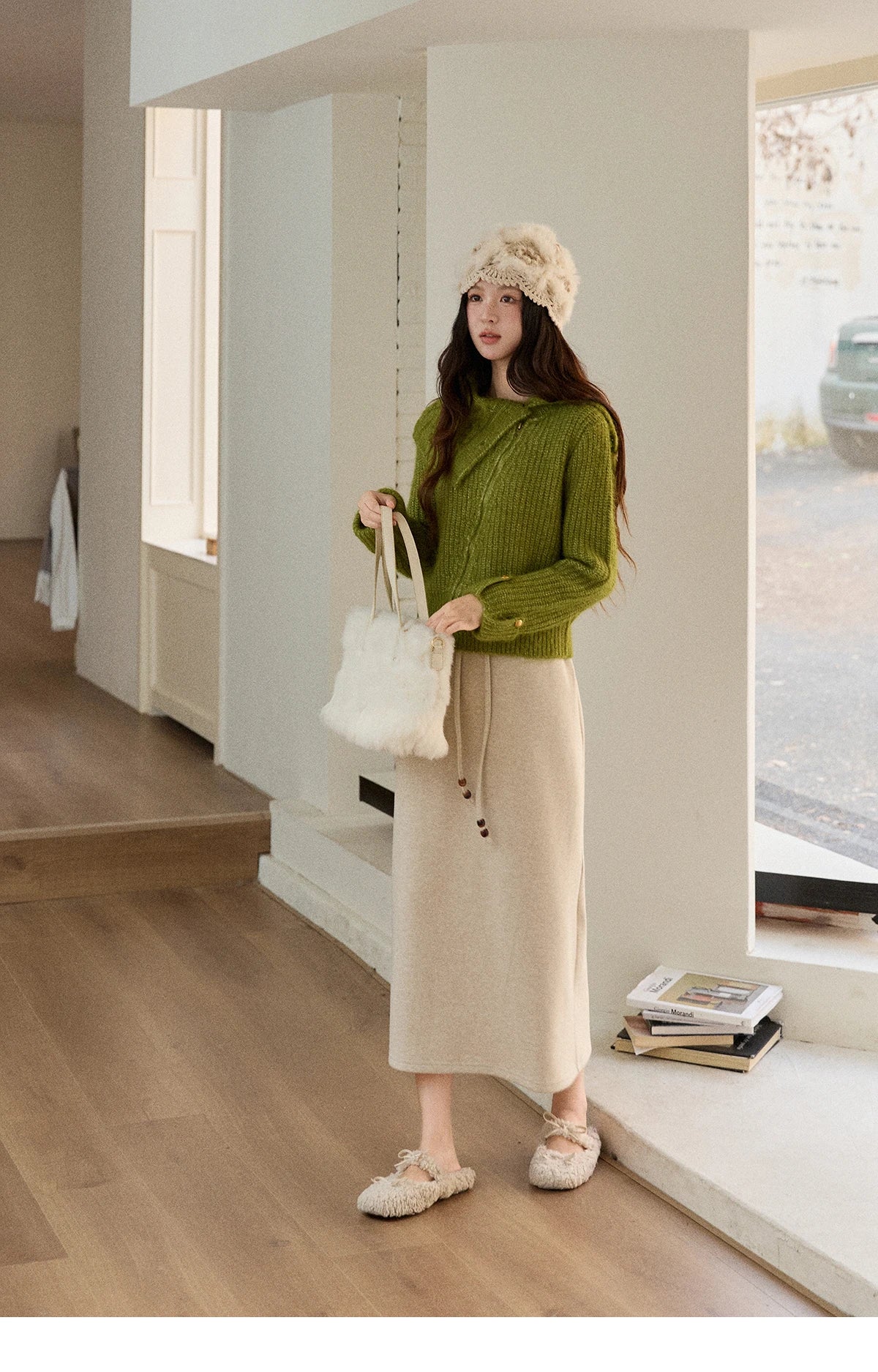 Mishow Green Wool Blend Long-Pile Large Lapel Pullover MXE90Z2760