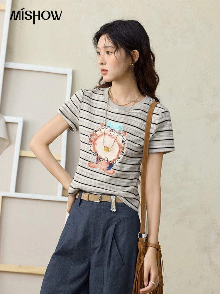 Mishow Striped Pufferfish Print Cotton Tee MXE32T0538