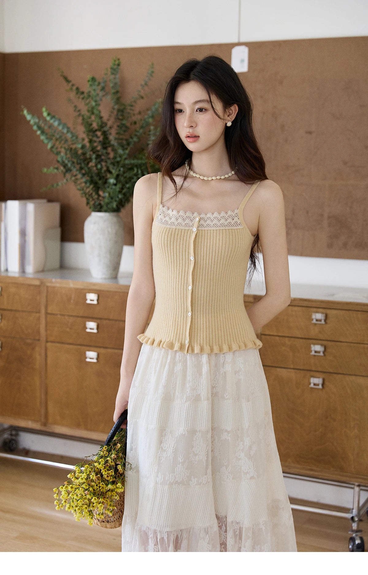 Mishow Yellow Ruffled Camisole & Lace Cardigan Set MXF11T1472