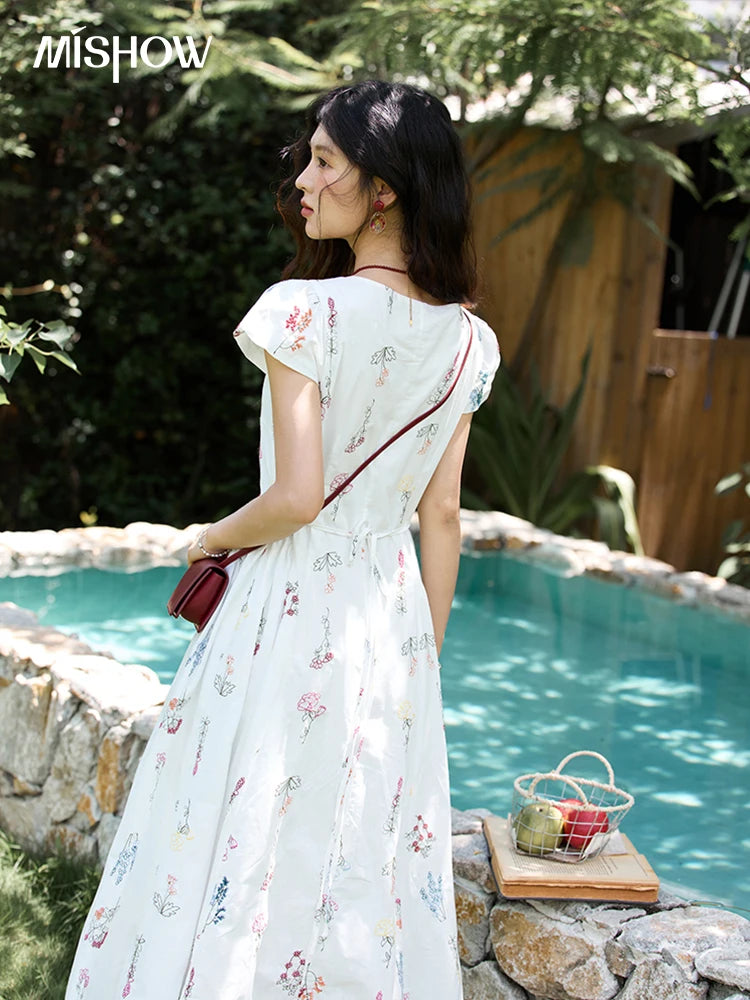 Mishow French Embroidery Square Neck Puff Sleeve Dress MXE39L2389