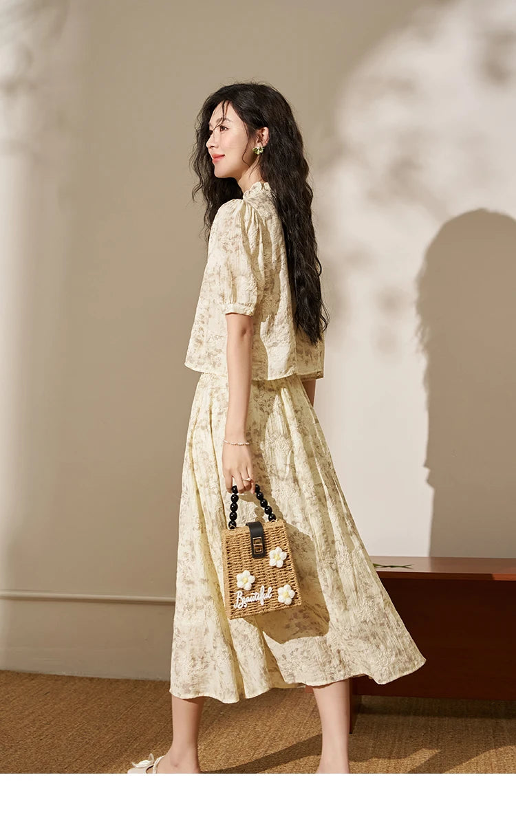 Mishow Chinese Embroidered Puff Sleeve Top & A-Line Skirt Set MXD24X1405