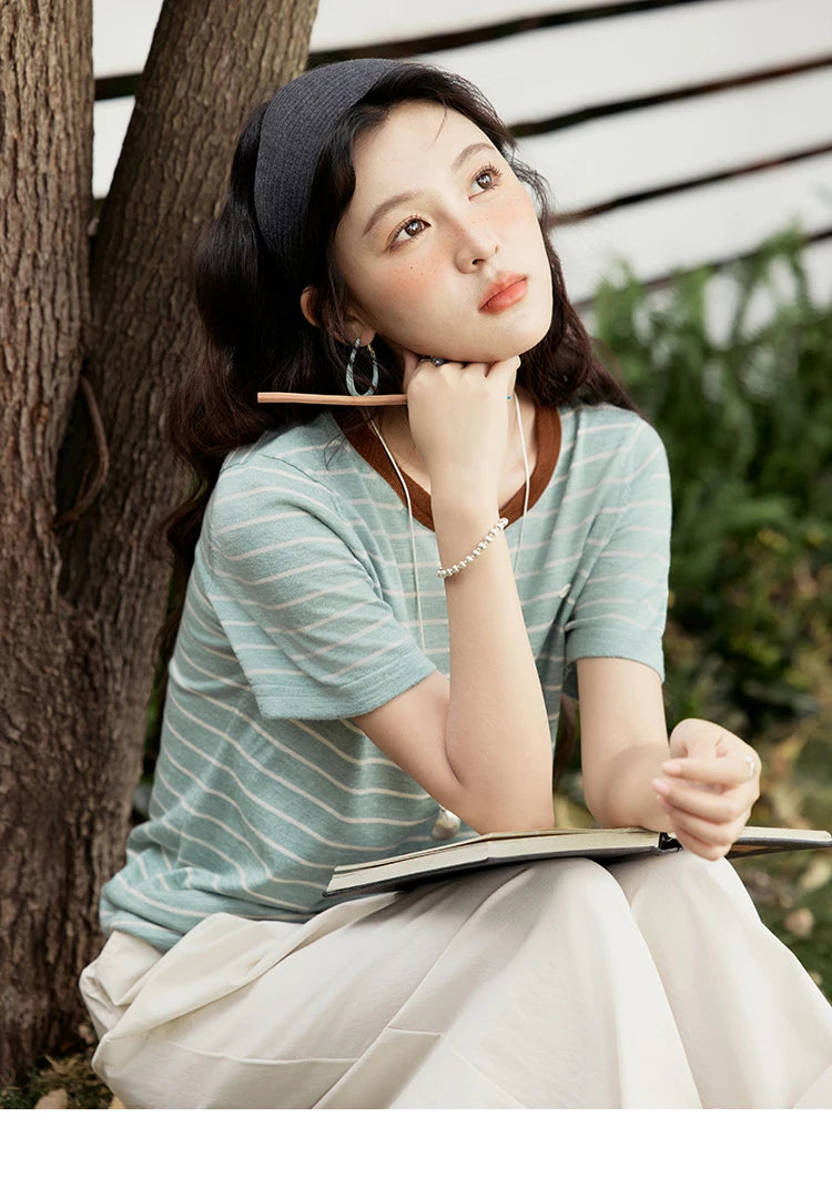 Mishow Striped Contrast Round Neck Tee MXE35Z1270