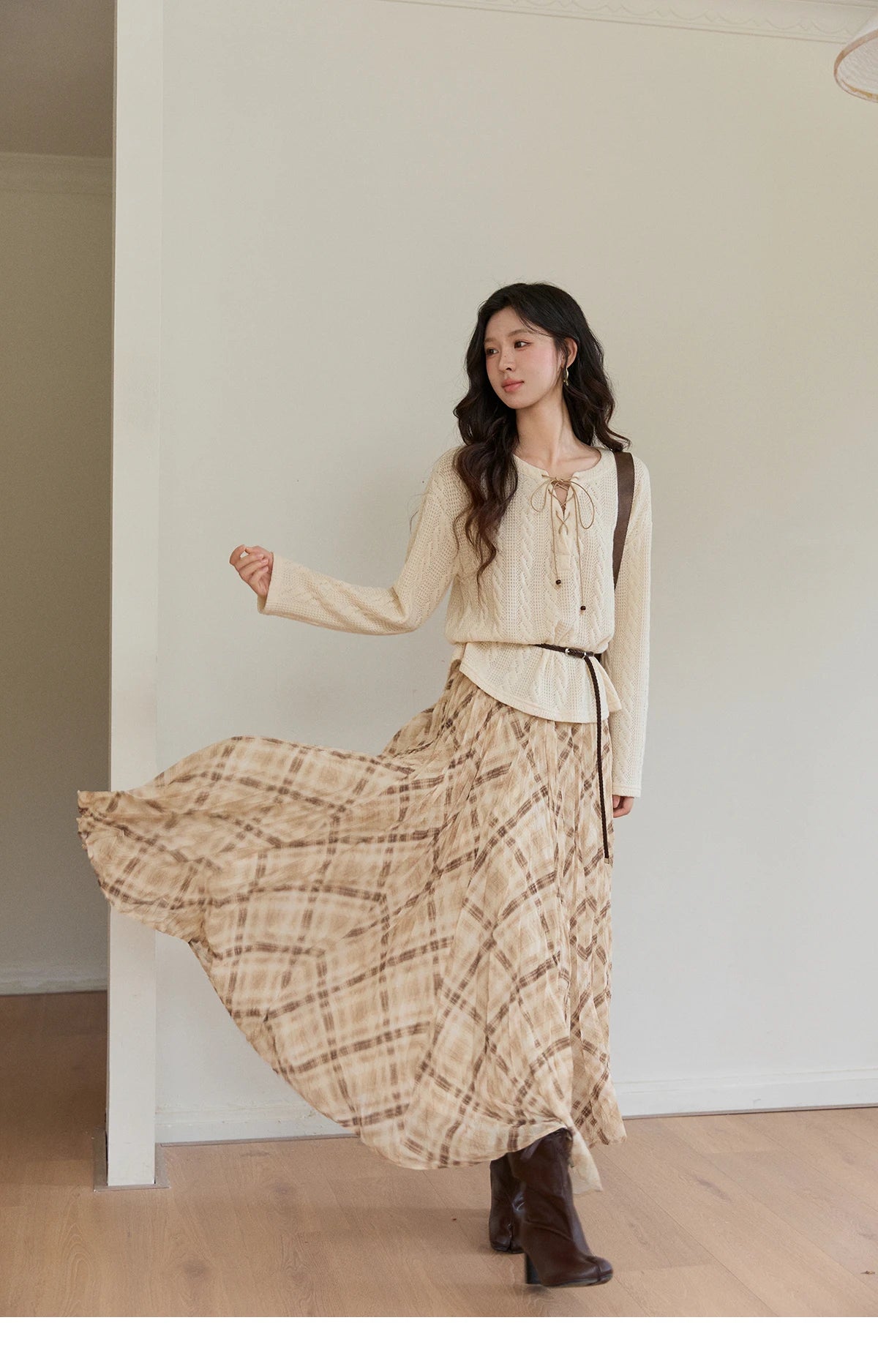 MISHOW Beige Plaid Maxi Skirt High Waist Flowy Elastic MXF108B0769