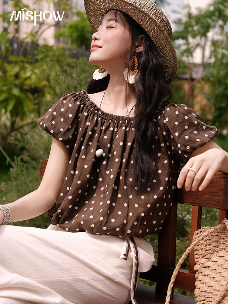 Mishow Polka Dot One Shoulder Puff Sleeve Top & Wide Leg Pants Set MXE38T0683