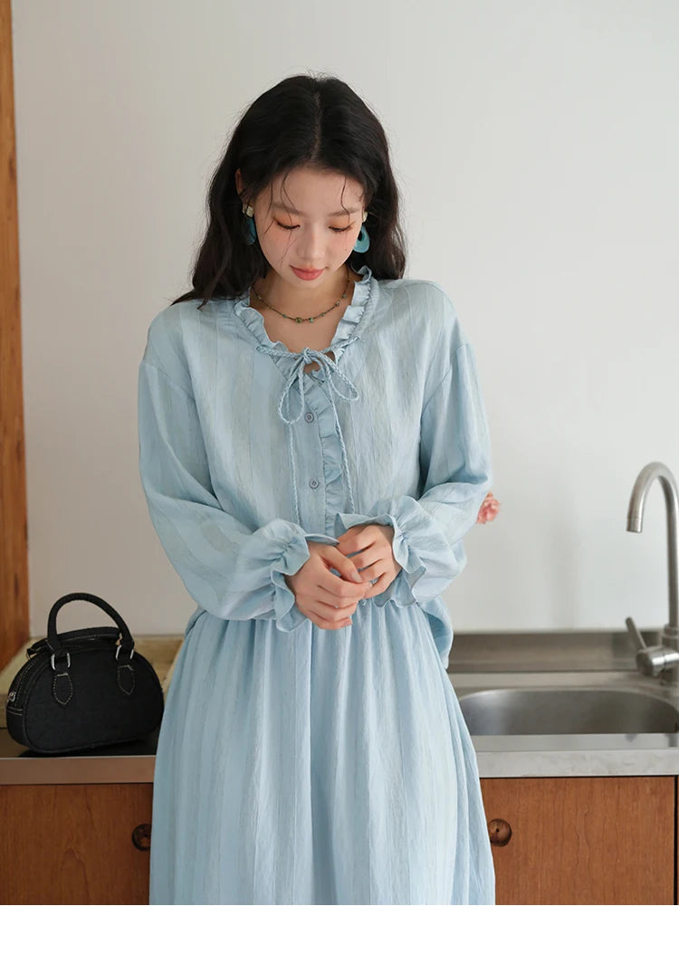 Mishow Light Blue Linen V-Neck Lace-Up Shirt & Elastic Skirt Set MXE41T0700