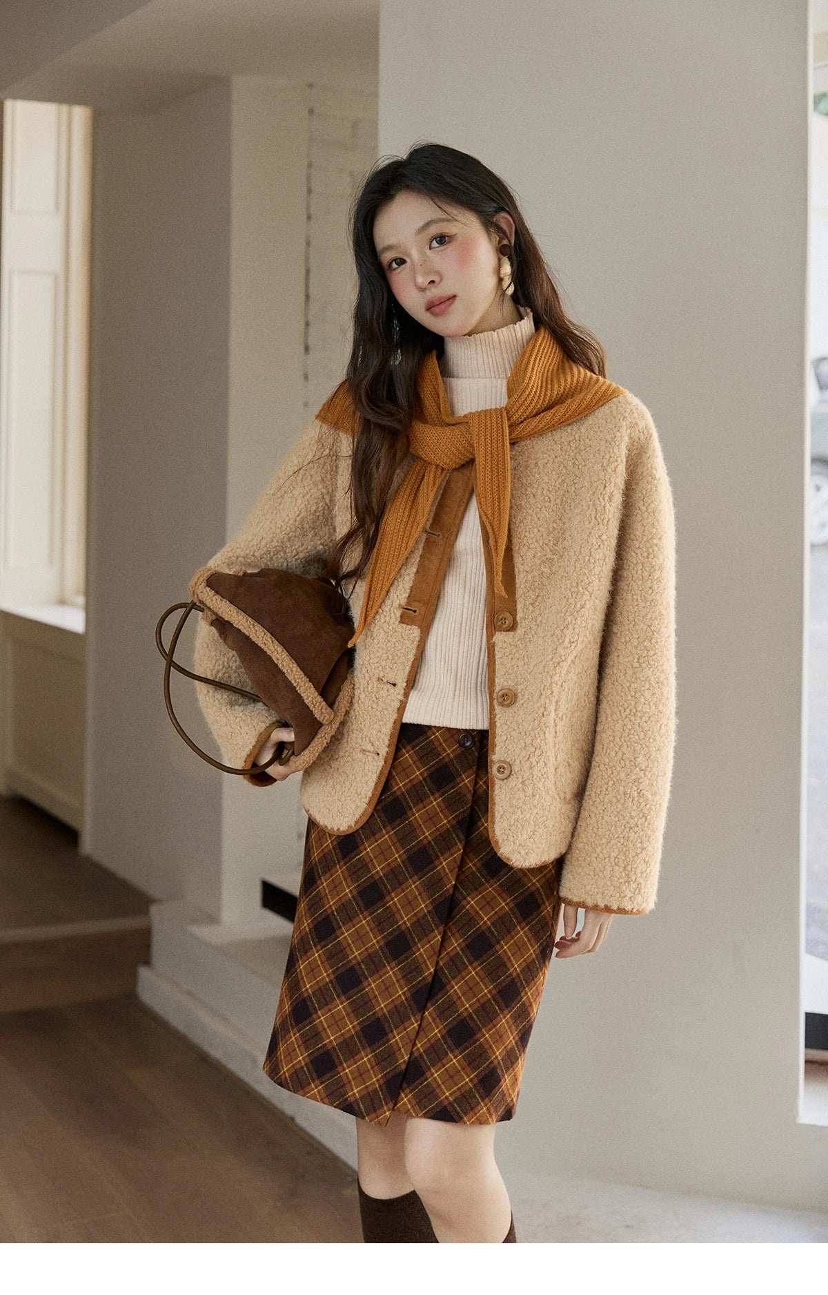 Mishow Lamb Wool Jacket with Color Block Knitted Shawl MXE91W0969