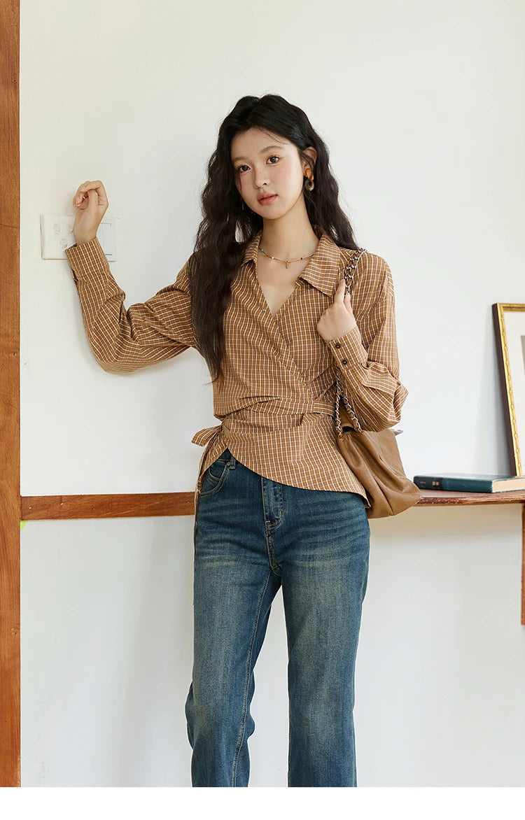 MISHOW Dark Orange Plaid Shirt Side Waist Lace-Up MXE46X2494