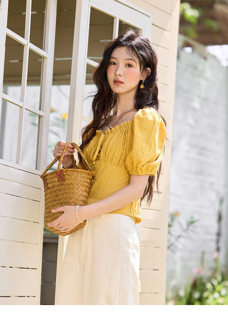 MISHOW Yellow Polka Dot One Shoulder Blouse Back Elastic Lace-Up MXE35X1840