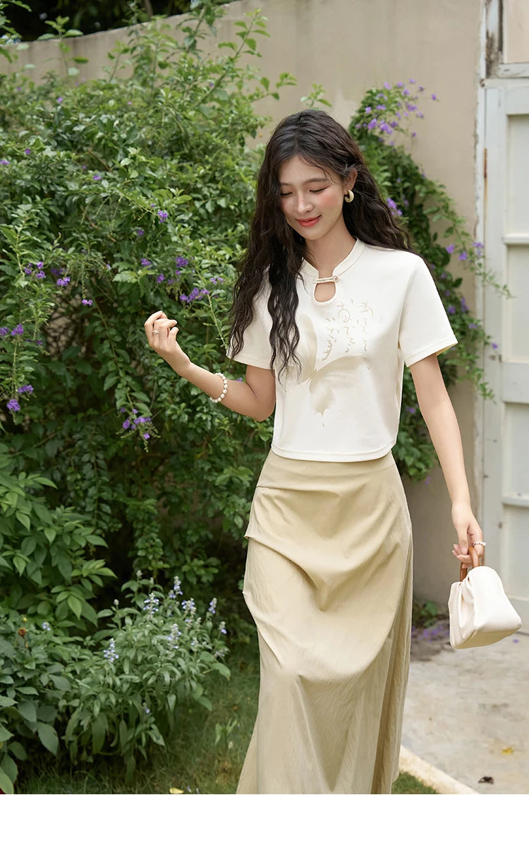 Mishow Chinese Stand Collar Ink Print Top & Pleated Skirt Set MXD27T0272