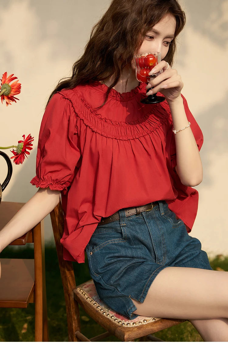 MISHOW French Cotton Bubble Sleeve Blouse Lace Collar MXD23X1500