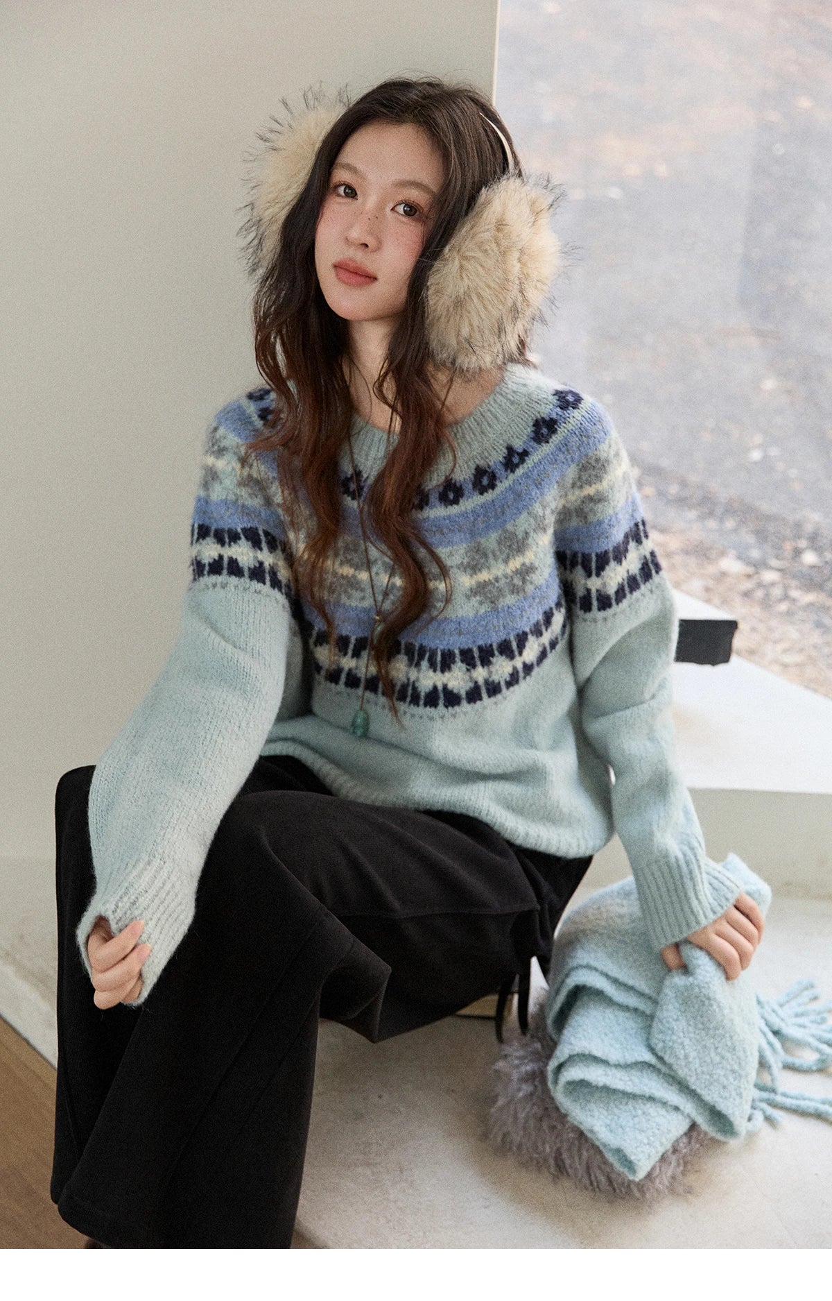 Mishow Blue Fair Isle Geometric Jacquard Pullover MXE87Z2767