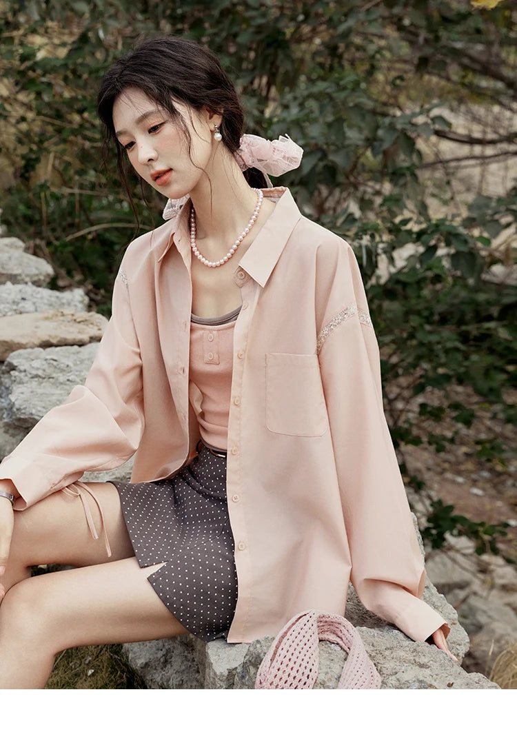 MISHOW Pink Long Sleeve Shirt Lace Bow Tie MXE16C0767