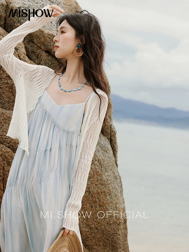 Mishow White V-Neck Slim Knit Summer Cardigan MXE16Z1193