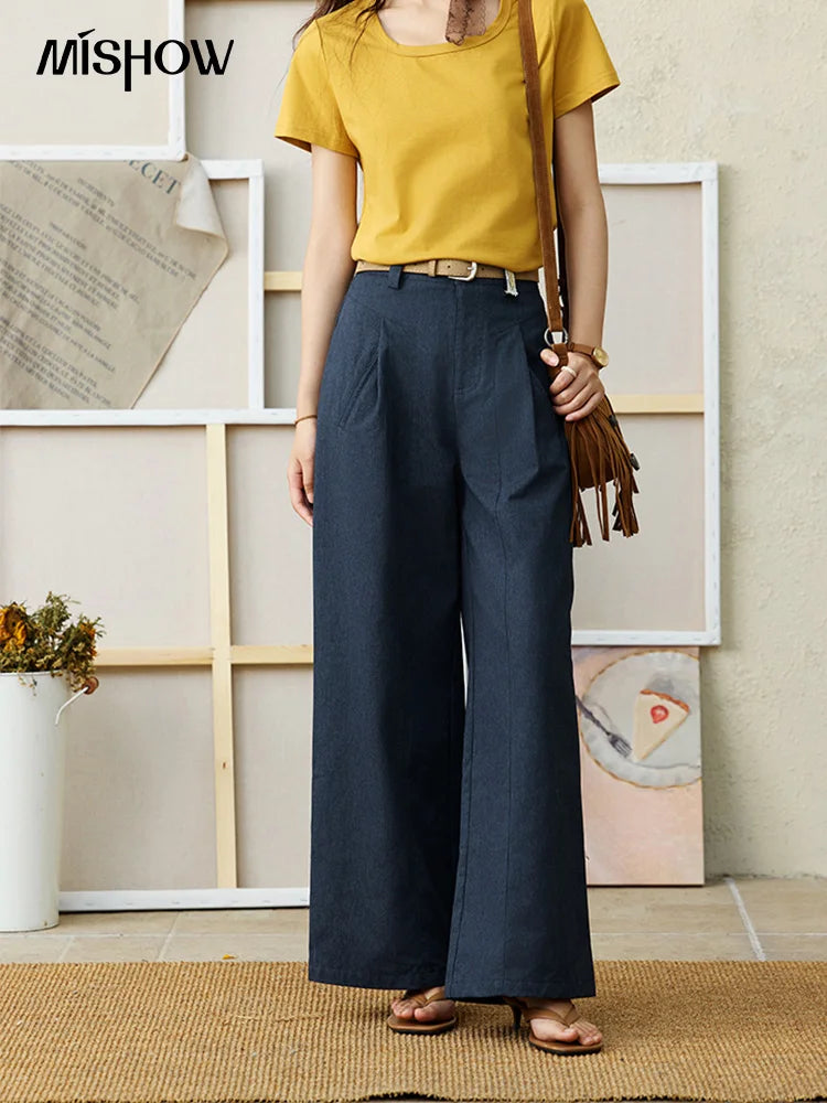 MISHOW Dark Blue High Waist Wide-Leg Pants Slimming Straight MXE31K0902