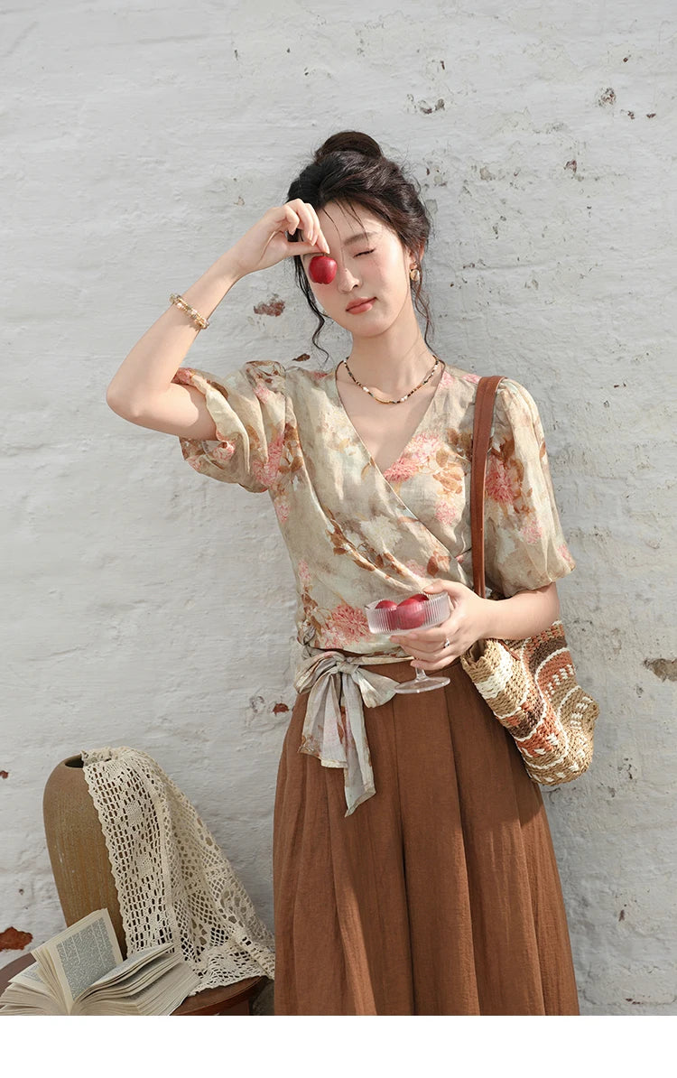 MISHOW French V-Neck Floral Puff Sleeve Blouse MXD28X1619